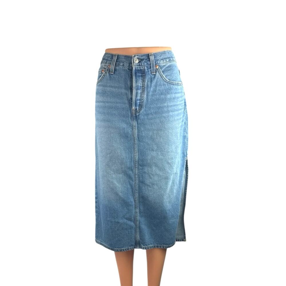 Levi's Light Blue High Rise Side Slit Classic Midi Flare A-Line Denim Skirt 27